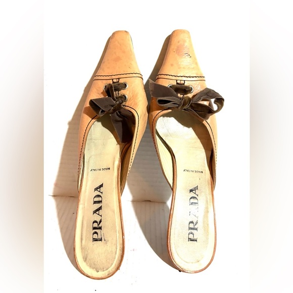 Prada Shoes - Prada vintage Beige Leather Mules with Bow Accent